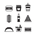 Fast food icon set - hamburger, pizza. Flat style. Black and white. Vector Illustration. Royalty Free Stock Photo