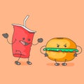 Fast food icon. Smile cup cola and angry hamburger.