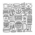 Fast food icons. Hamburger pizza sausages snacks sandwich ice cream. Food menu background for your design