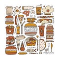 Fast food icons. Hamburger pizza sausages snacks sandwich ice cream. Food menu background for your design