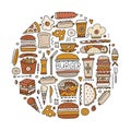 Fast food icons. Hamburger pizza sausages snacks sandwich ice cream. Food menu background for your design