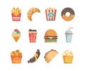 Fast food icons. Hamburger pizza sausages snacks sandwich ice cream food menu vector flat pictures