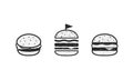 Fast Food icons isolated on white background. Set of 3 vector burgers with grunge texture. Royalty Free Stock Photo