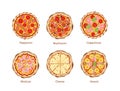 Fast Food Icons. Pizza with Mushrooms, Cappriciosa, Pepperoni and Cheese, Mexican and Hawaii. Street Junk Takeaway Meal Royalty Free Stock Photo