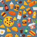 Fast food icons restaurant tasty cheeseburger meat and unhealthy meal vector illustration seamless pattern background