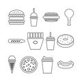Fast food icons set. black and white vector Royalty Free Stock Photo