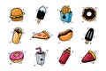 Hand drawn fast food icons. Sketch of snack elements. Fast food collection. Fast food illustration in doodle style. Royalty Free Stock Photo