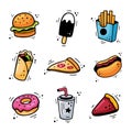 Hand drawn fast food icons. Sketch of snack elements. Fast food collection. Fast food illustration in doodle style. Royalty Free Stock Photo