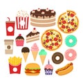 Fast food icons set. Burger, popcorn, french fries, soda, donut and hot dog colorful cartoon set.