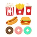 Fast food icons set. Burger, popcorn, french fries, soda, donut and hot dog cartoon set. Royalty Free Stock Photo