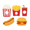 Fast food icons set. Burger, Popcorn, French fries, soda and hot dog cartoon set. Royalty Free Stock Photo