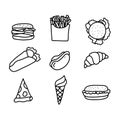 Fast food icons set outline doodle. Hand Drawn Vector Illustration.