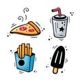 Fast food set - Pizza, French fries, drink, Ice cream. Comic doodle sketch style. vector illustration Royalty Free Stock Photo