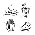 Fast food set - Pizza, French fries, drink, pie. Vector Fast food combination meal. Comic doodle sketch style. Royalty Free Stock Photo