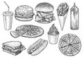 Fast food illustration, drawing, engraving, ink, line art, vector