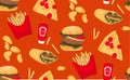 Fast food illustration: pizza, french fries, hamburger, chips, burritos american food culture template. Dinner or lunch meal, junk