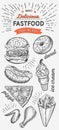 Fast food illustrations, burger, pizza, donut for restaurant.