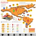 Fast food infographic. Map of America and Mexico with different info. Datas and plans of fast food location