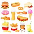 Fast food isolated set, snack menu collection, hamburger and sweets, vector illustration Royalty Free Stock Photo