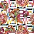 Fast food itallian pizza tasty food. Watercolor background illustration set. Seamless background pattern. Royalty Free Stock Photo