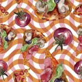 Fast food itallian pizza tasty food. Watercolor background illustration set. Seamless background pattern. Royalty Free Stock Photo