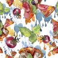 Fast food itallian pizza tasty food. Watercolor background illustration set. Seamless background pattern.