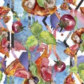 Fast food itallian pizza tasty food. Watercolor background illustration set. Seamless background pattern. Royalty Free Stock Photo