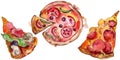Fast food itallian pizza tasty food. Watercolor background illustration set. Isolated fast food illustration element.