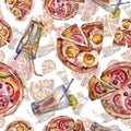 Fast food itallian pizza tasty food. Watercolor background illustration set. Seamless background pattern. Royalty Free Stock Photo