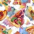 Fast food itallian pizza in a watercolor style isolated set. Watercolour seamless background pattern. Royalty Free Stock Photo