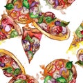 Fast food itallian pizza in a watercolor style isolated set. Watercolour seamless background pattern. Royalty Free Stock Photo