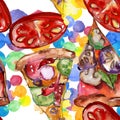 Fast food itallian pizza in a watercolor style isolated set. Watercolour seamless background pattern. Royalty Free Stock Photo
