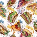 Fast food itallian pizza in a watercolor style isolated set. Watercolour seamless background pattern. Royalty Free Stock Photo