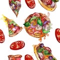 Fast food itallian pizza in a watercolor style isolated set. Watercolour seamless background pattern. Royalty Free Stock Photo