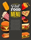 fast food menu with hamburger, fries, hotdog, drinks, sandwich, baguette, pizza, donut and popcorn