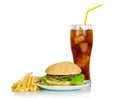 Fast food. Juicy yummy burger, fries and refreshing drink isolated on white Royalty Free Stock Photo