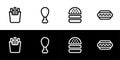 Fast food or junk food icon set. French fries, fried chicken,