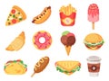 Fast food. Junk food and snacks, hamburger, taco, french fries, donut and pizza high calorie food. Doodle fast food