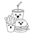 Fast food kawaii cartoon in black and white