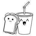 Fast food kawaii cartoon in black and white