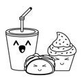 Fast food kawaii cartoon in black and white