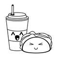 Fast food kawaii cartoon in black and white