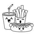 Fast food kawaii cartoon in black and white