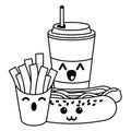 Fast food kawaii cartoon in black and white