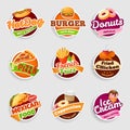 Fast food labels. Fries, burger and pizza, chicken and mexican food, donuts and ice cream, hot dog and coffee shop Royalty Free Stock Photo