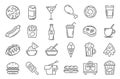 Fast food line icons. Cafeteria snack, sandwich, drink, pizza, hamburger and hotdog. Outline takeaway dishes and cafe Royalty Free Stock Photo