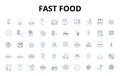 Fast food linear icons set. Burgers, Fries, Nuggets, Wings, Pizza, Tacos, Subs vector symbols and line concept signs