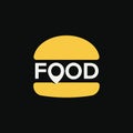 Fast food location logo, minimal stylized burger icon, abstract pin sign, vector illustration on black background.