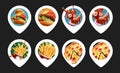 Fast Food Location Pins. Burger, Drink, Fries and Pizza. 8 Variations.
