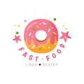 Fast food logo design, badge with glazed donut sign, fast food menu vector Illustration on a white background